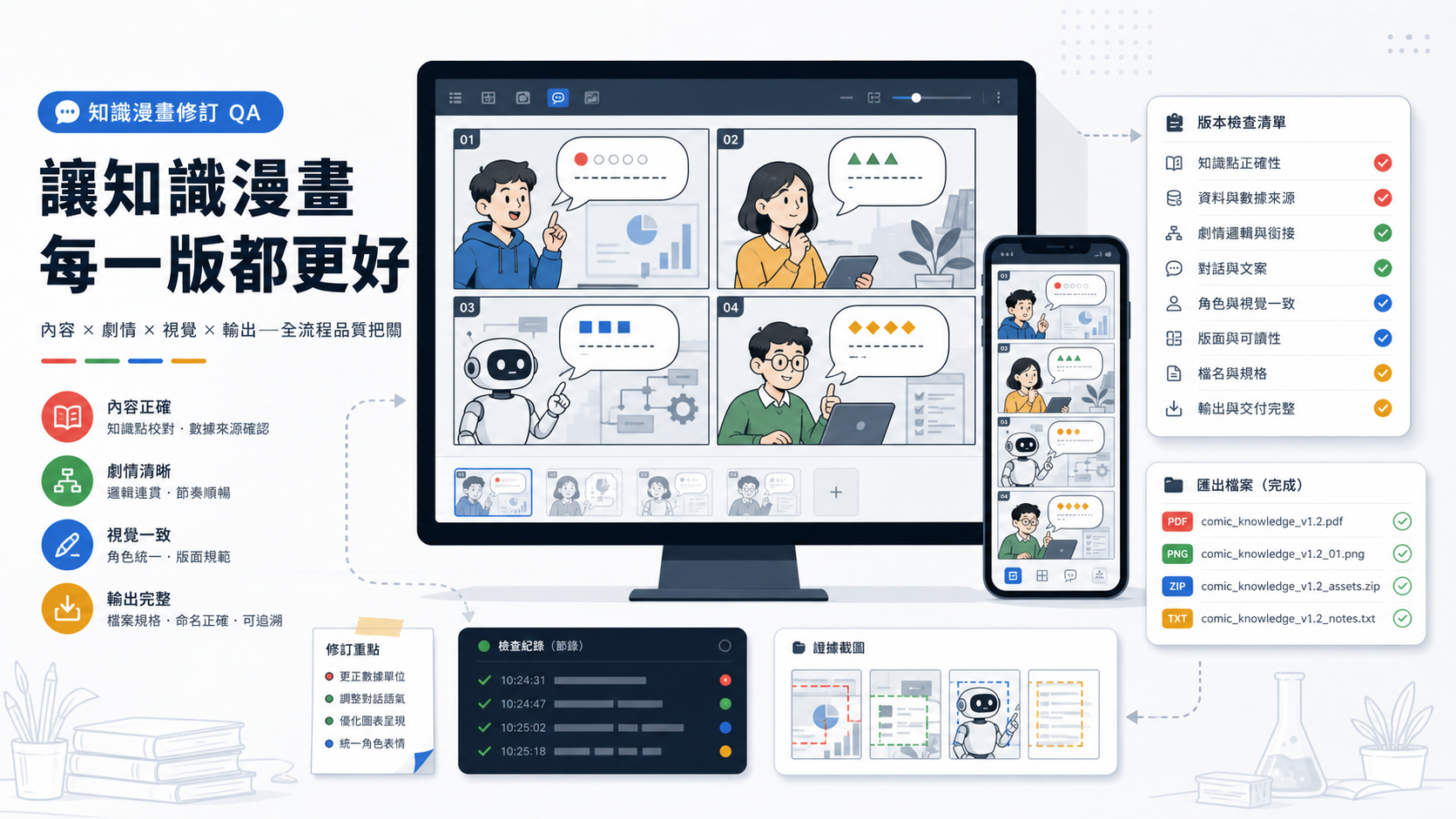 知識漫畫改稿 QA cover，顯示四格分鏡、對話框文字密度、手機預覽與版本輸出檢查卡