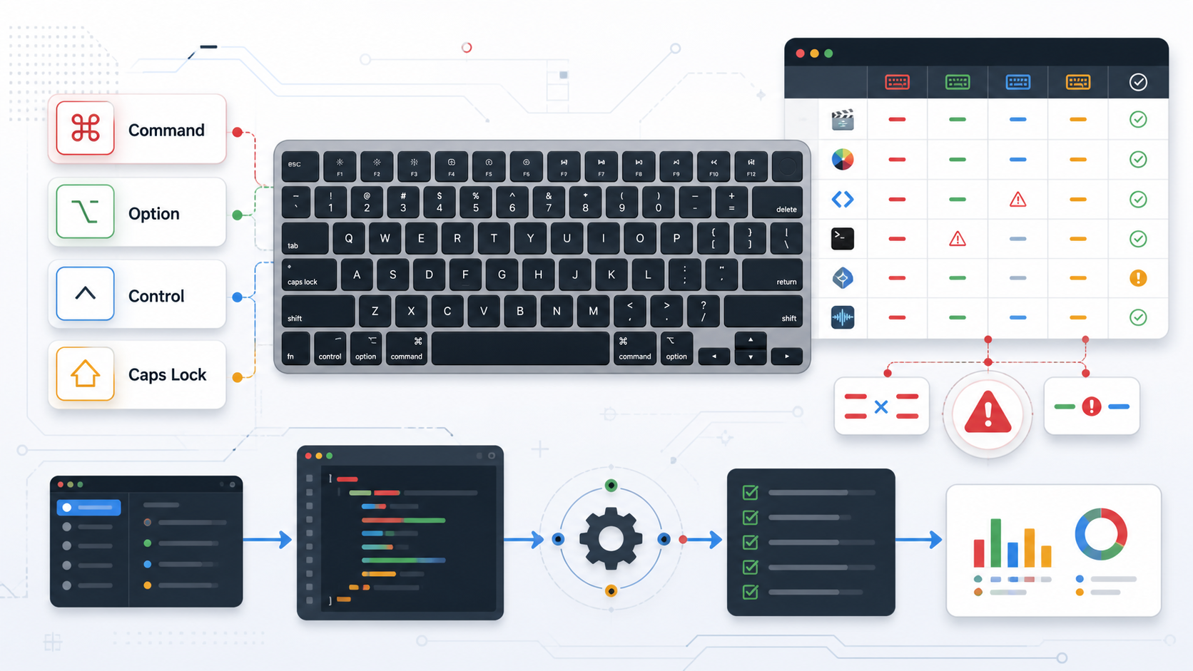 macOS 快捷鍵衝突盤點 cover，顯示 Mac 鍵盤、Command Option Control Caps Lock 熱鍵卡片、衝突警示與自動化清單