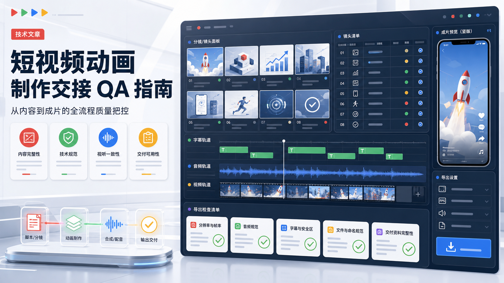 短片動畫交接 QA cover，顯示分鏡格、鏡頭清單、字幕軌、音訊波形與手機直式影片預覽