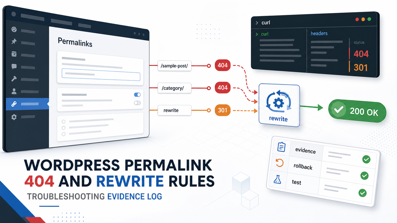 WordPress 固定連結 404 排查 cover，顯示文章 URL、rewrite rules、curl header、301 轉址與 200 OK 驗證流程