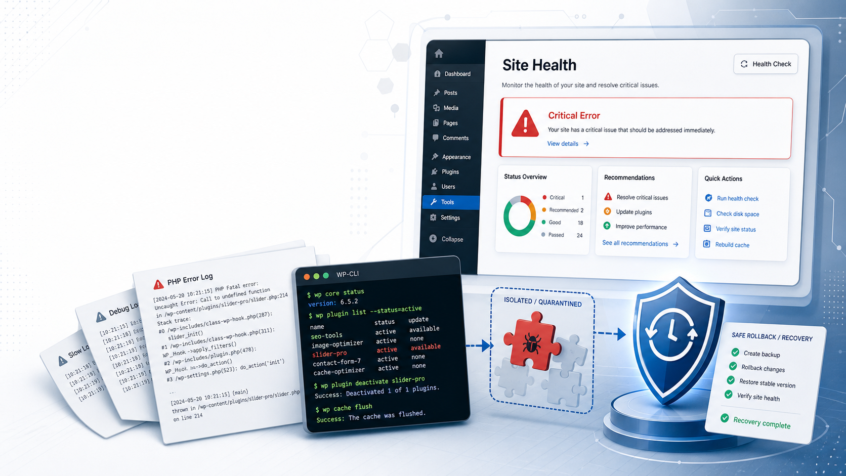 WordPress Site Health 重大錯誤排查 cover，顯示 Site Health 警示卡、PHP log、WP-CLI 外掛隔離與回復盾牌
